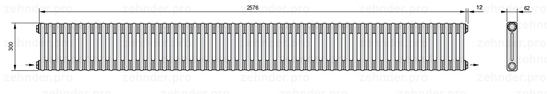 Схема (чертеж) Радиатор Zehnder Charleston 2030/56 №2670 Белый глянцевый RAL 9016